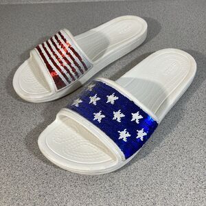 Crocs Womens 7 W7 Sloan American Flag Reverse Sequins Slide 206034-100 USA White
